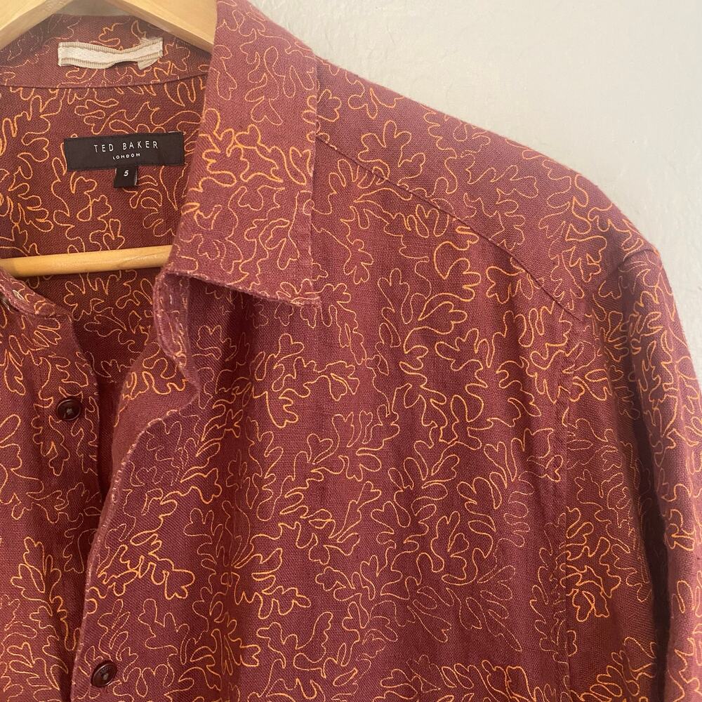 Ted Baker Short Sleeve Button Down Shirt Mens Sz 5 XL 100% Linen Abstract Coral